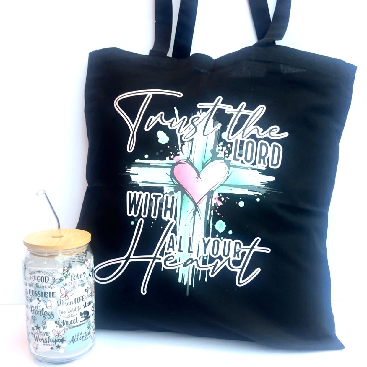 Faith & Inspiration Tote & Glass Cup Set ✝️💖 | “Trust the Lord” DTF Christian Gift Set