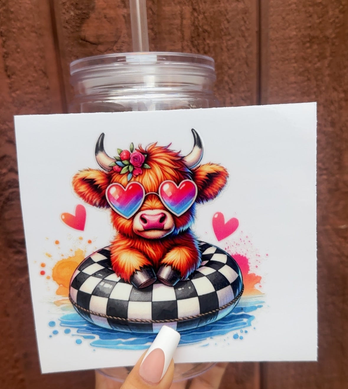 π 16-24 oz. Love-Struck Cow Cup β Highland Cow with Heart Glasses on Checker Float