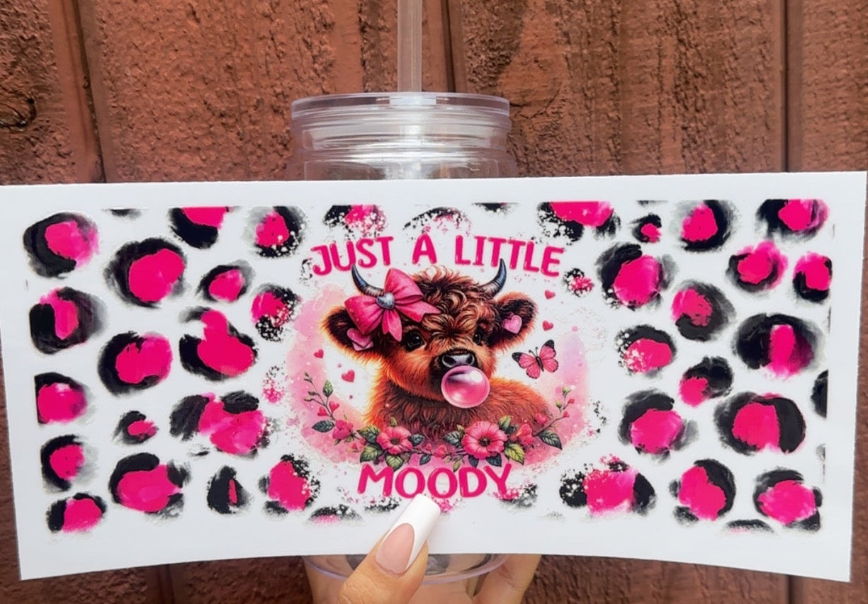 💖 16 oz. “Just a Little Moody” Cow Cup – Pink Leopard Print Highland Cow with Bubblegum & Bow