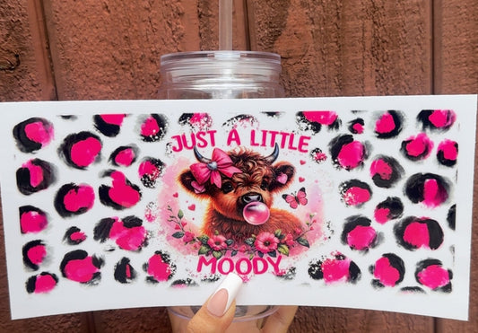 💖 16 oz. “Just a Little Moody” Cow Cup – Pink Leopard Print Highland Cow with Bubblegum & Bow