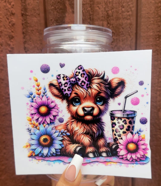 🐮 16-24 oz.Leopard Bow Cow Tumbler – Cute Highland Cow with Flowers & Leopard Print Cup