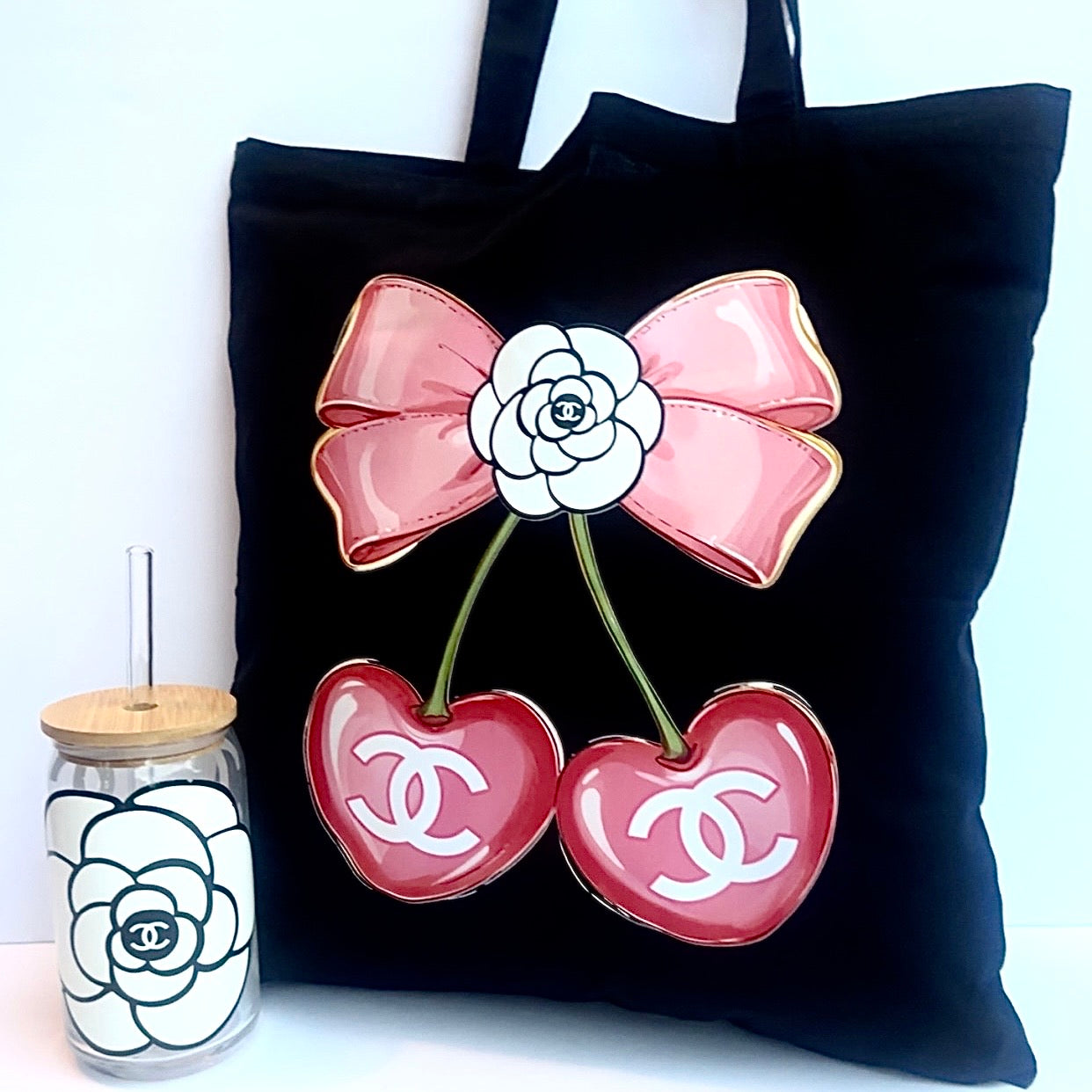 Cherry Glam Tote & Glass Cup Set 🍒🎀 | DTF Designer-Inspired Gift Set