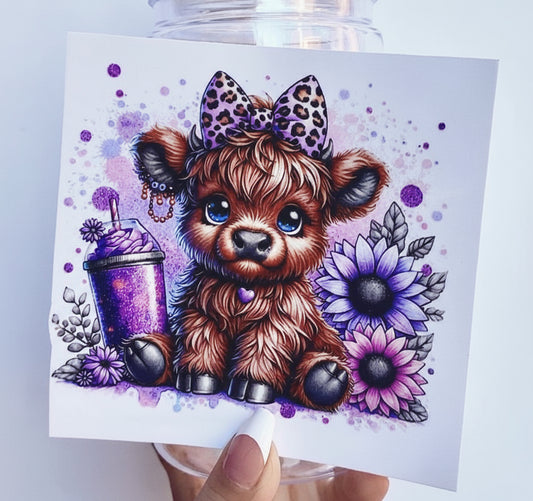 💜 16-24 oz.Purple Leopard Cow Cup – Cute Highland Cow with Leopard Bow, Glitter Drink & Flowers