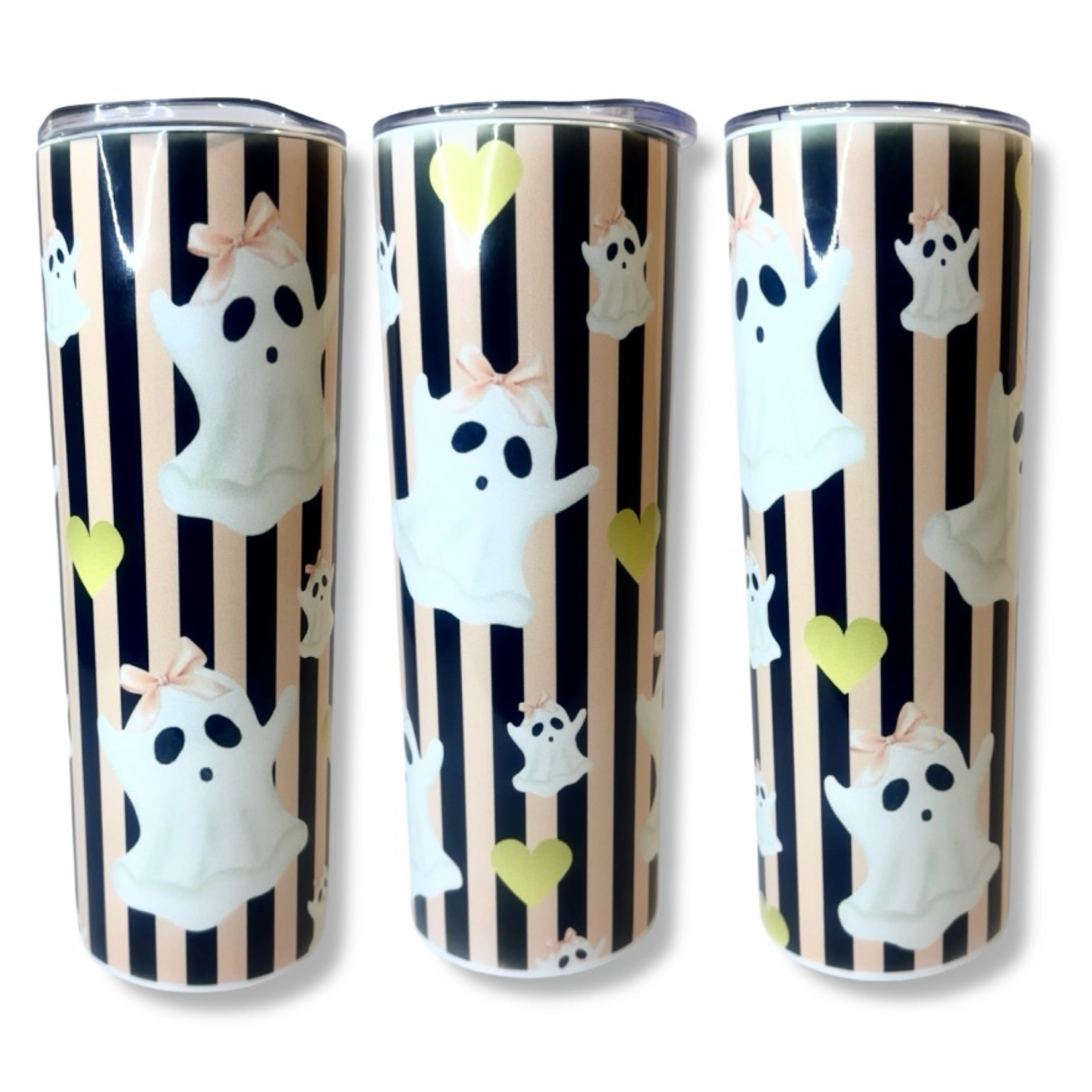 Pink/Black Striped Ghost Tumbler – 20oz Skinny Stainless Steel Cup | Cute Striped Halloween Drinkware