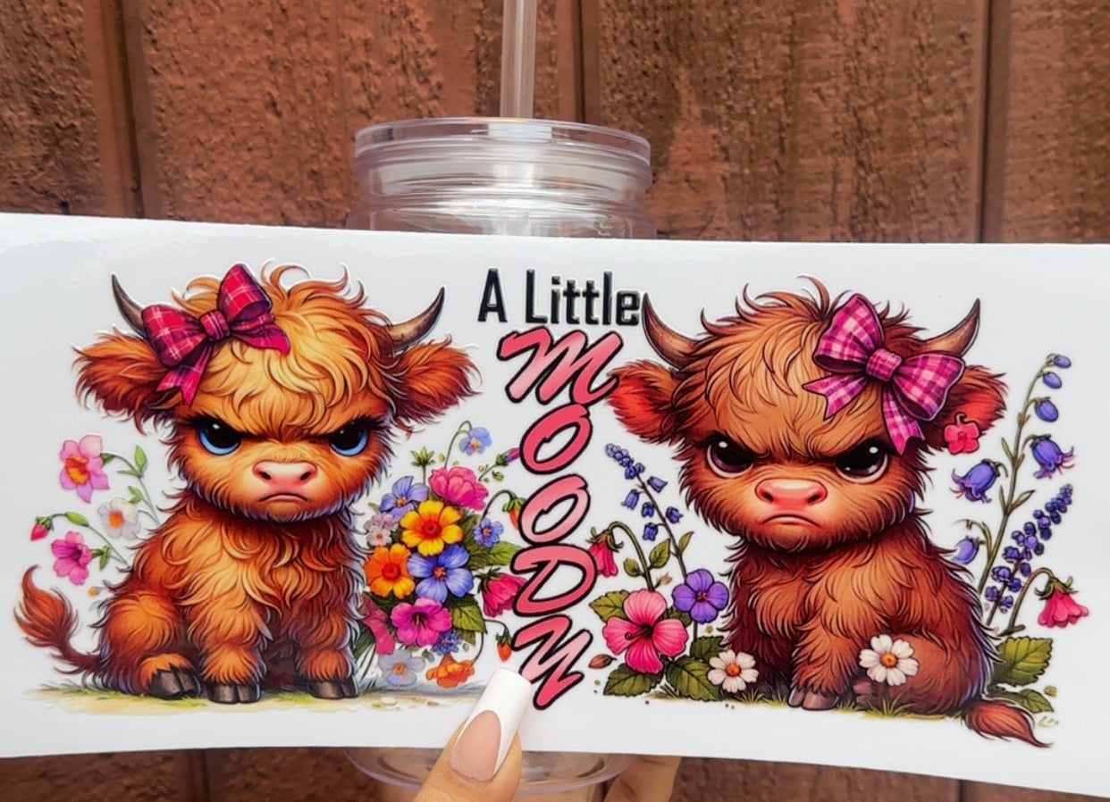 🐮 16 oz. A Little Moody Cow Cup – Sassy Highland Cow with Pink Bow & Wildflowers