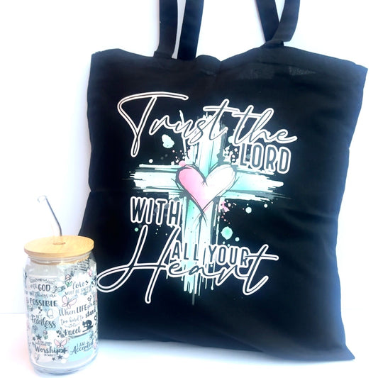 Faith & Inspiration Tote & Glass Cup Set ✝️💖 | “Trust the Lord” DTF Christian Gift Set