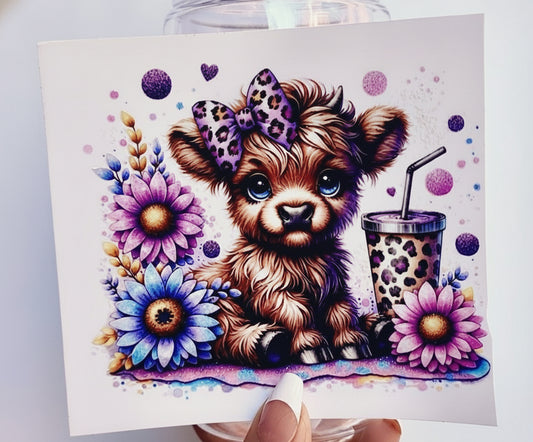 🐮 16-24 oz.Leopard Bow Cow Tumbler – Cute Highland Cow with Flowers & Leopard Print Cup