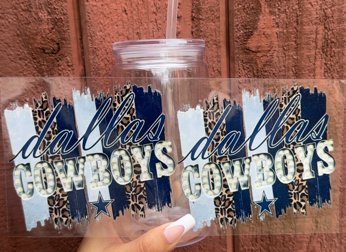 ⭐ 16-24 oz.Dallas Pride Cup – Cowboys-Inspired with Leopard & Blue Brush Strokes