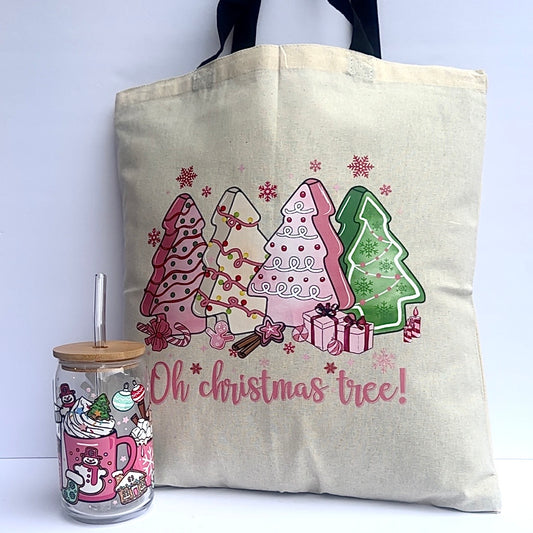 “Oh Christmas Tree” Tote & Glass Cup Set 🎄 | DTF Holiday Gift Set
