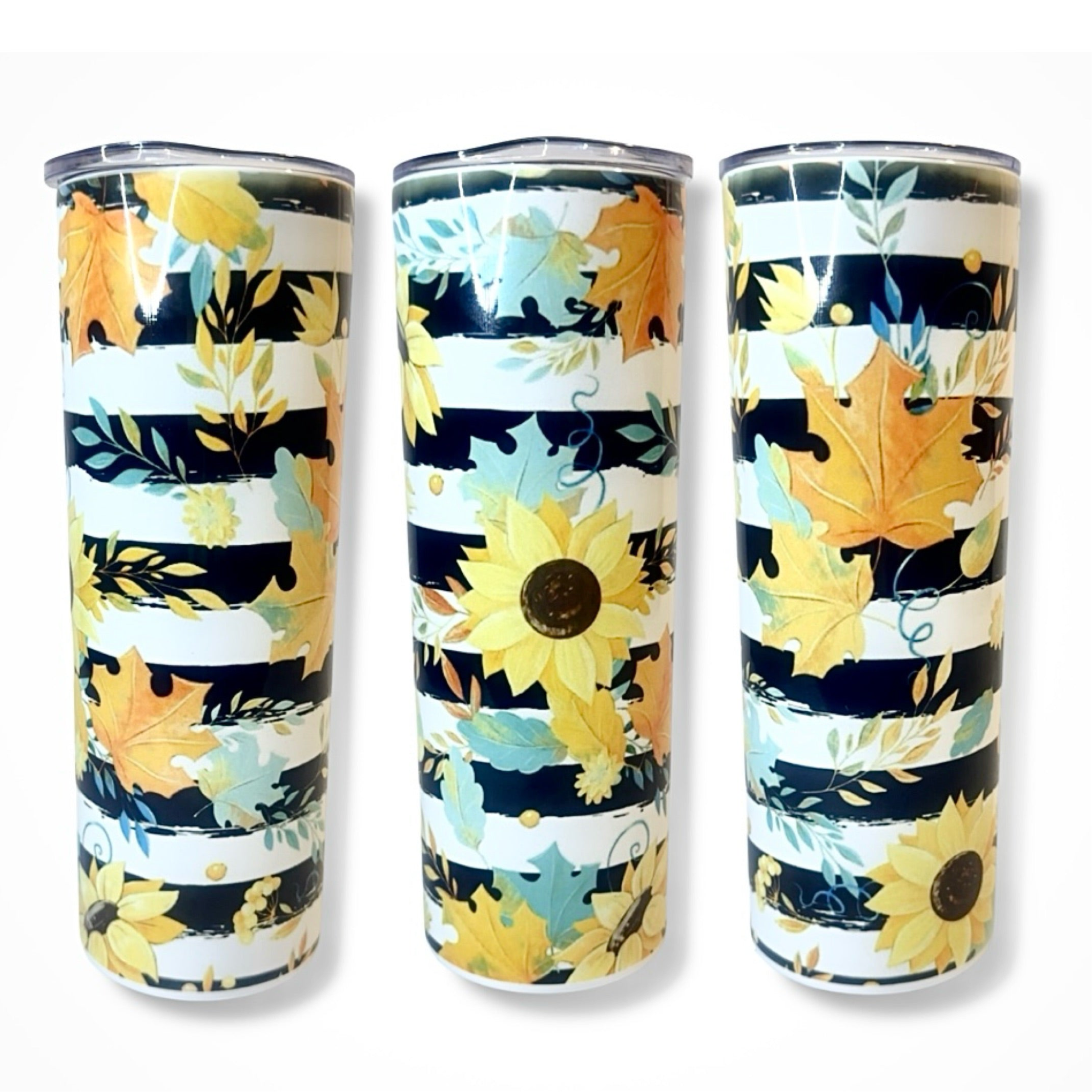 🍂 Sunflower & Autumn Leaves Tumbler – 20oz Skinny Stainless Steel, Double-Walled Insulated Cup with Lid & Straw