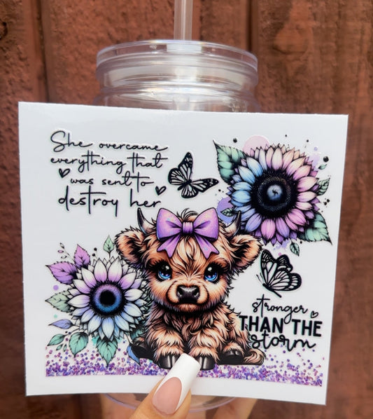 💜 16-24 oz. “Stronger Than the Storm” Cow Cup – Inspirational Highland Cow with Sunflowers, Butterflies & Purple Bow