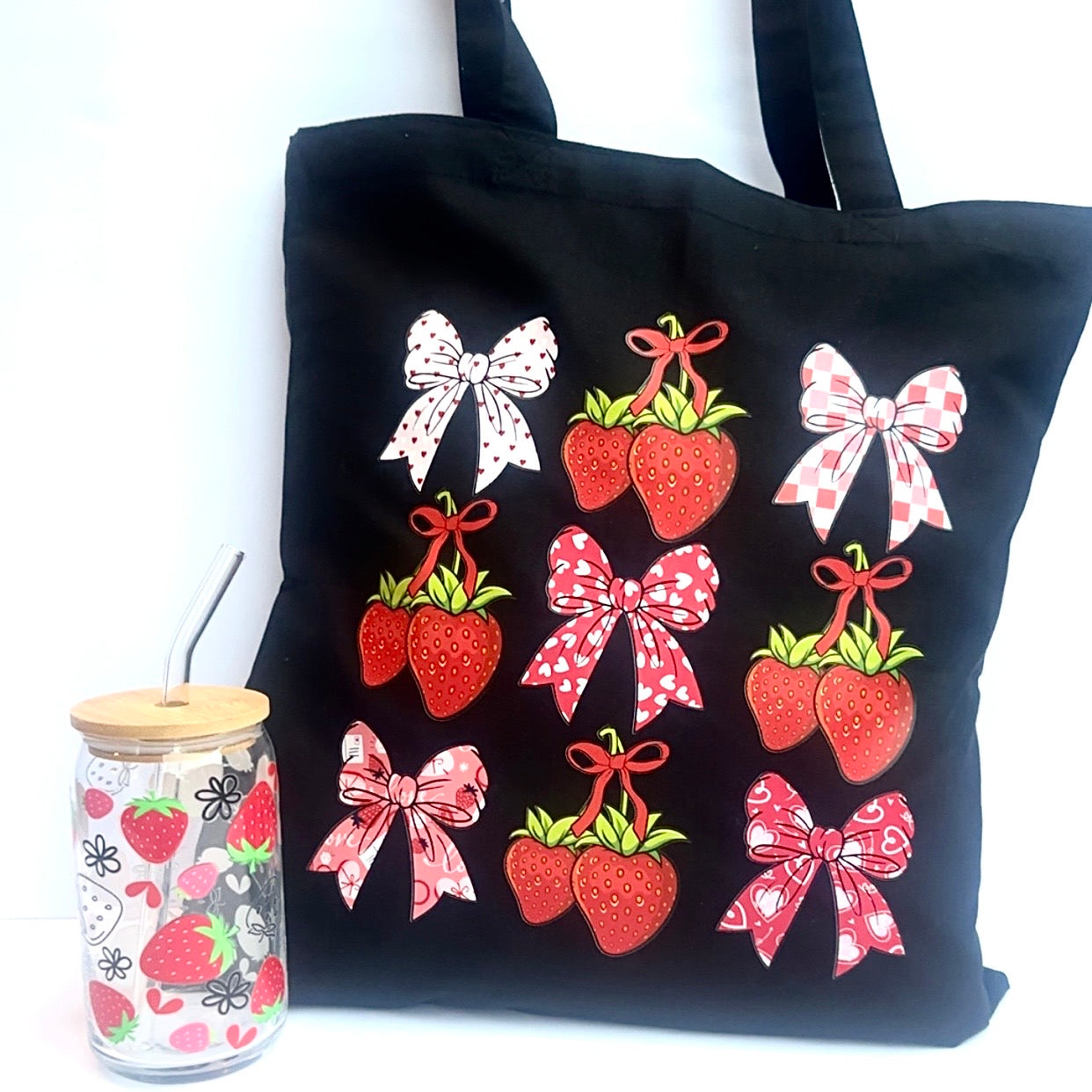 Strawberries & Bows Tote & Glass Cup Set 🍓🎀 | DTF Matching Gift Set