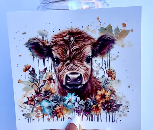 🌼 16-24 oz. Boho Floral Cow Cup – Highland Cow with Watercolor Flowers