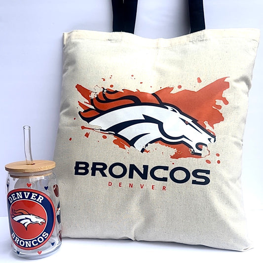 Denver Broncos Tote & Glass Cup Gift Set 🧡💙 | Game Day Essentials