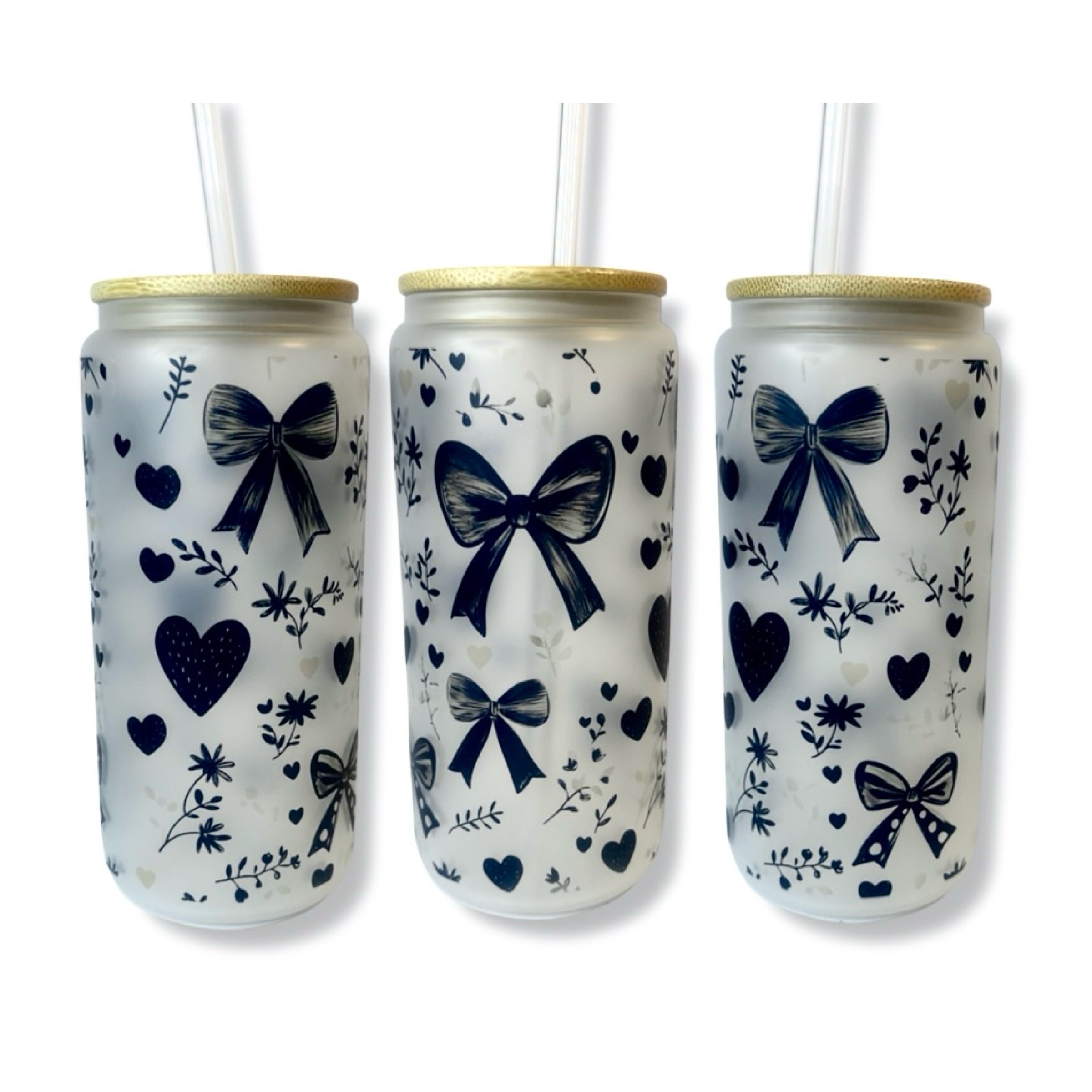 Black Bow Frosted Glass Can Tumbler | Hearts & Florals Design – 16oz with Bamboo Lid & Straw