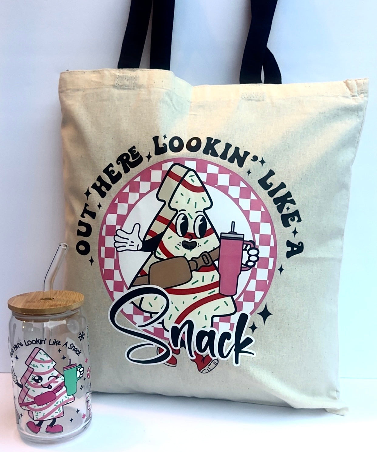 “Out Here Lookin’ Like a Snack” Tote & Glass Cup Set 🍰💖 | DTF Christmas Treat Set