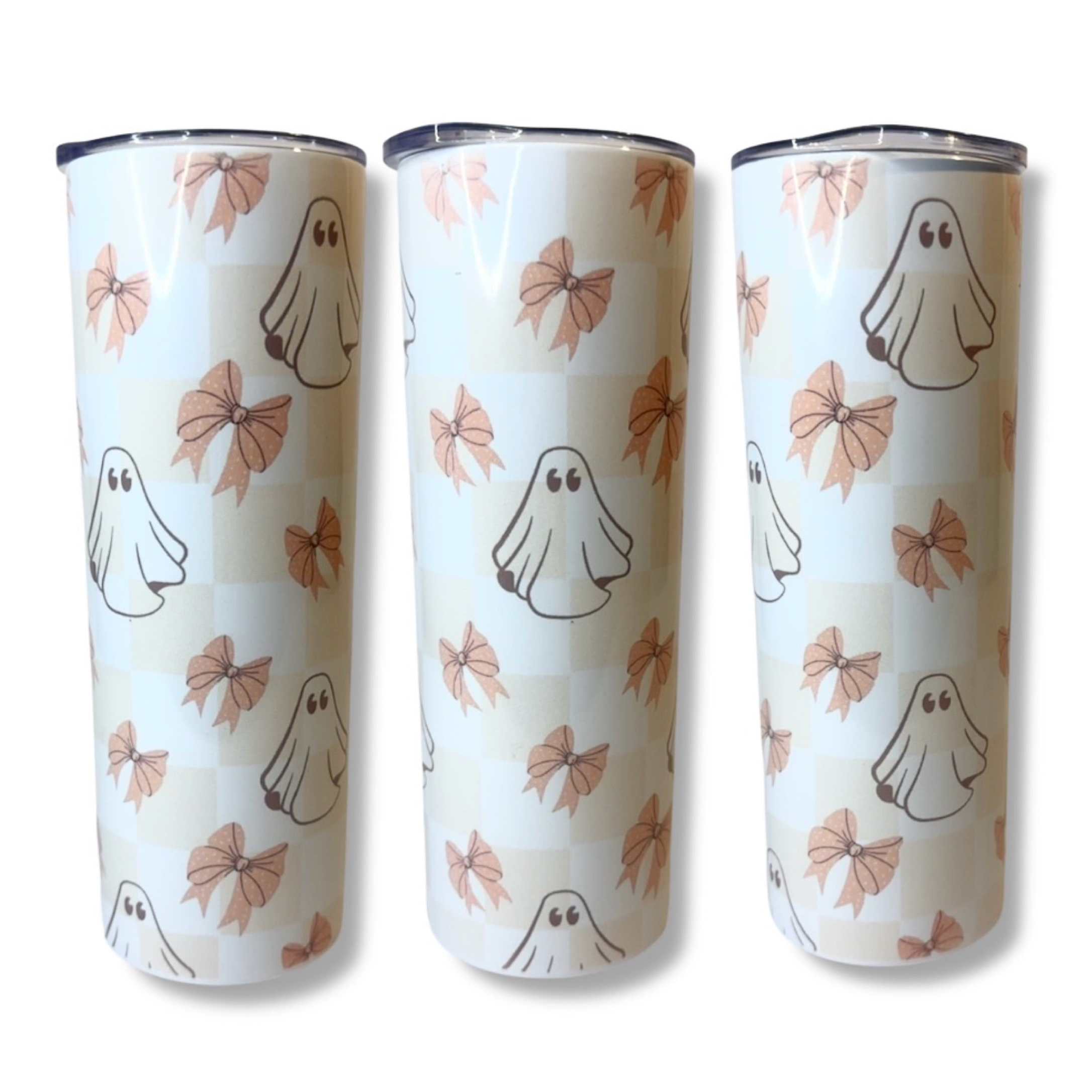 🎀 Pink Bow Ghost Tumbler – 20oz Skinny Stainless Steel Cup | Cute Pastel Halloween Drinkware