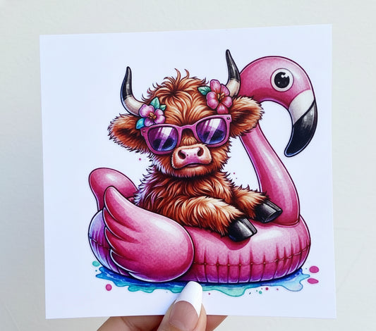 🌸 16-24 oz Summer Vibes Cow Cup – Cute Highland Cow on Flamingo Float with Pink Sunglasses ☀️💖