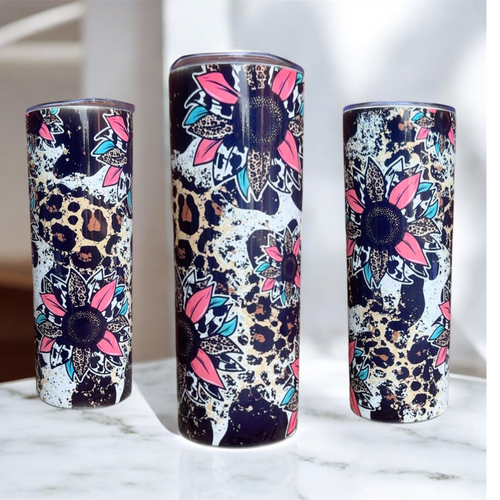 #1. Wild Bloom Tumbler – 20oz Leopard Sunflower Cup w/ Lid & Straw