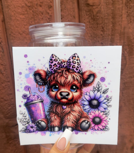 💜 16-24 oz.Purple Leopard Cow Cup – Cute Highland Cow with Leopard Bow, Glitter Drink & Flowers