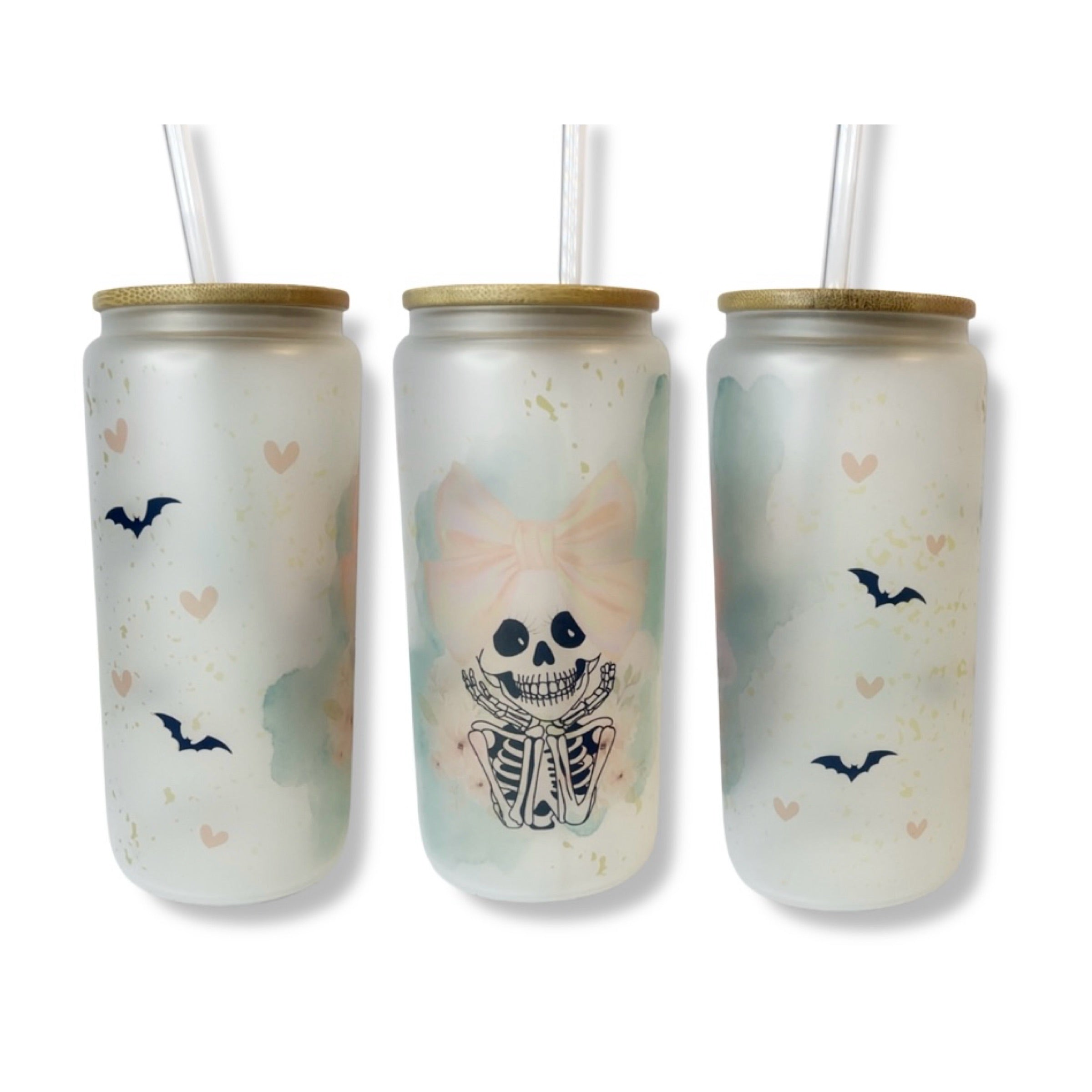 🎀 Cute Skeleton Girl Tumbler – 16oz Frosted Glass Can Cup with Straw & Bamboo Lid