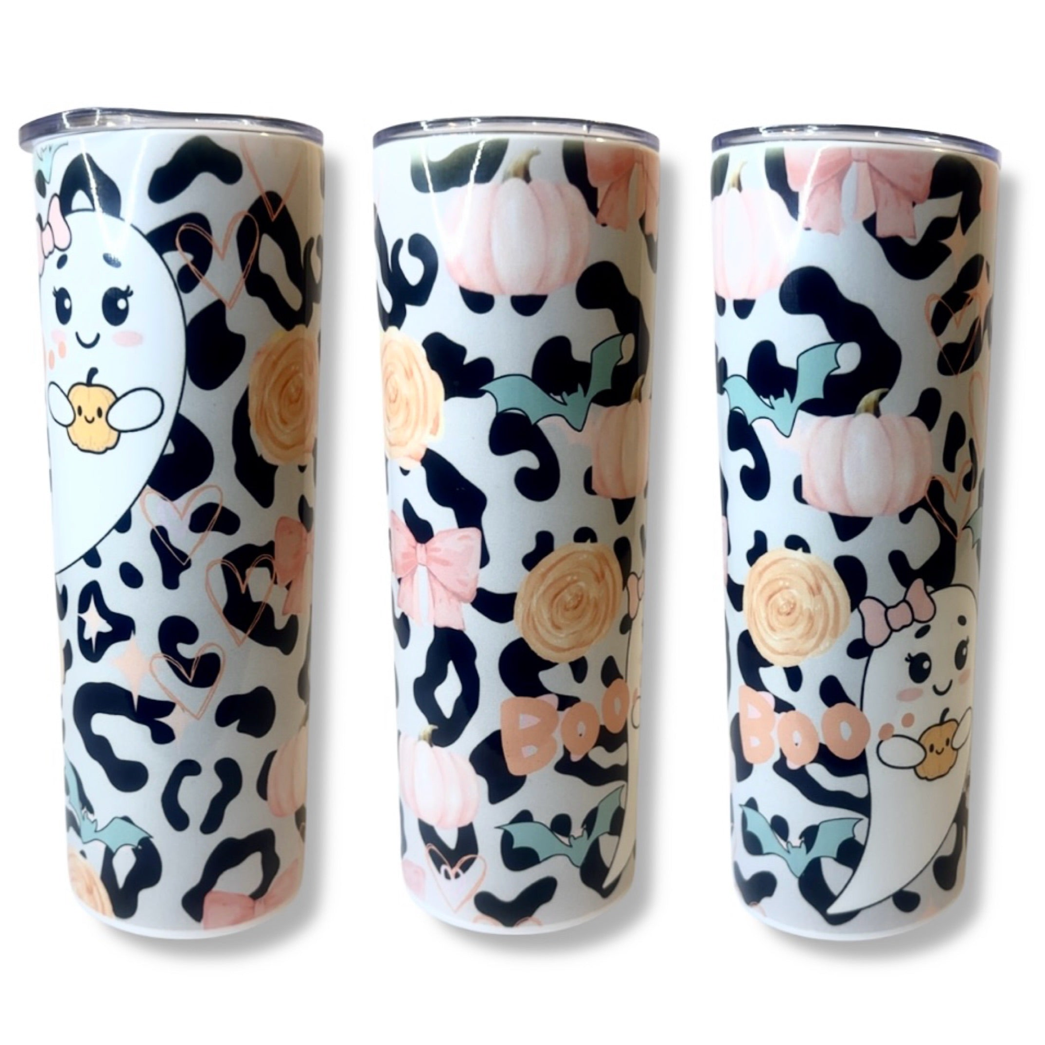 👻 Pink Leopard Ghost Tumbler – 20oz Skinny Stainless Steel Cup | Cute Pastel Halloween Drinkware