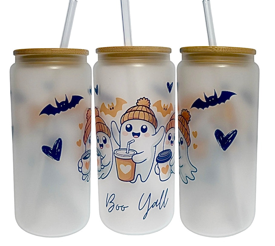 Halloween Frosted Glass Can Cup – 20oz Ghost Tumbler with Bamboo Lid & Straw
