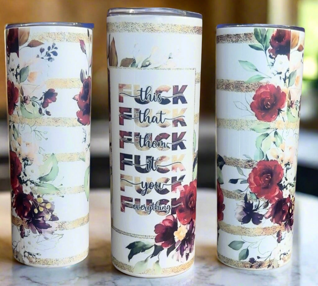 #5 Floral Gold Stripe “F-It” Tumbler – 20oz Stainless Steel Insulated