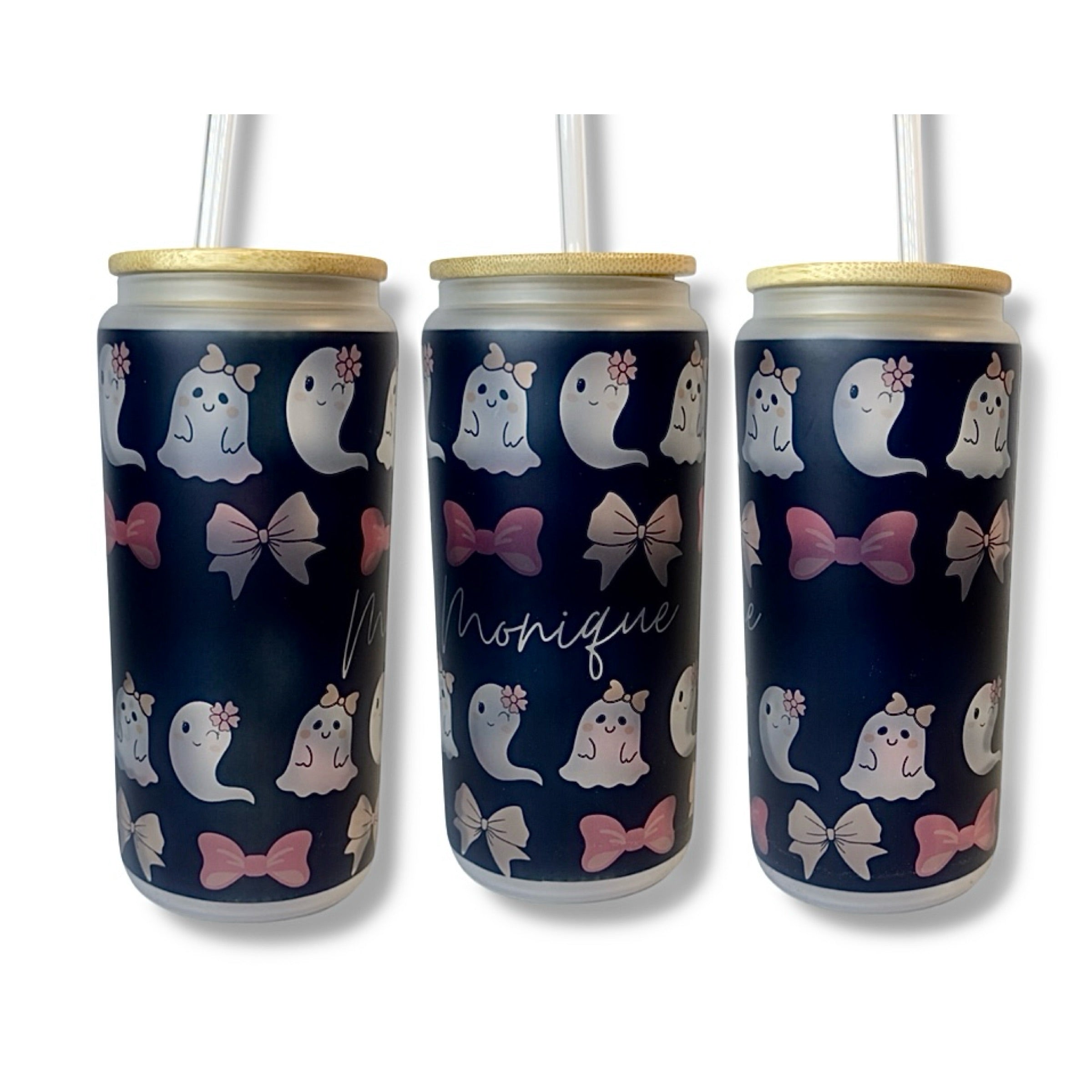 Custom Name Girly Ghost Frosted Glass Can Tumbler | Black Background with Pink Bows – 20oz
