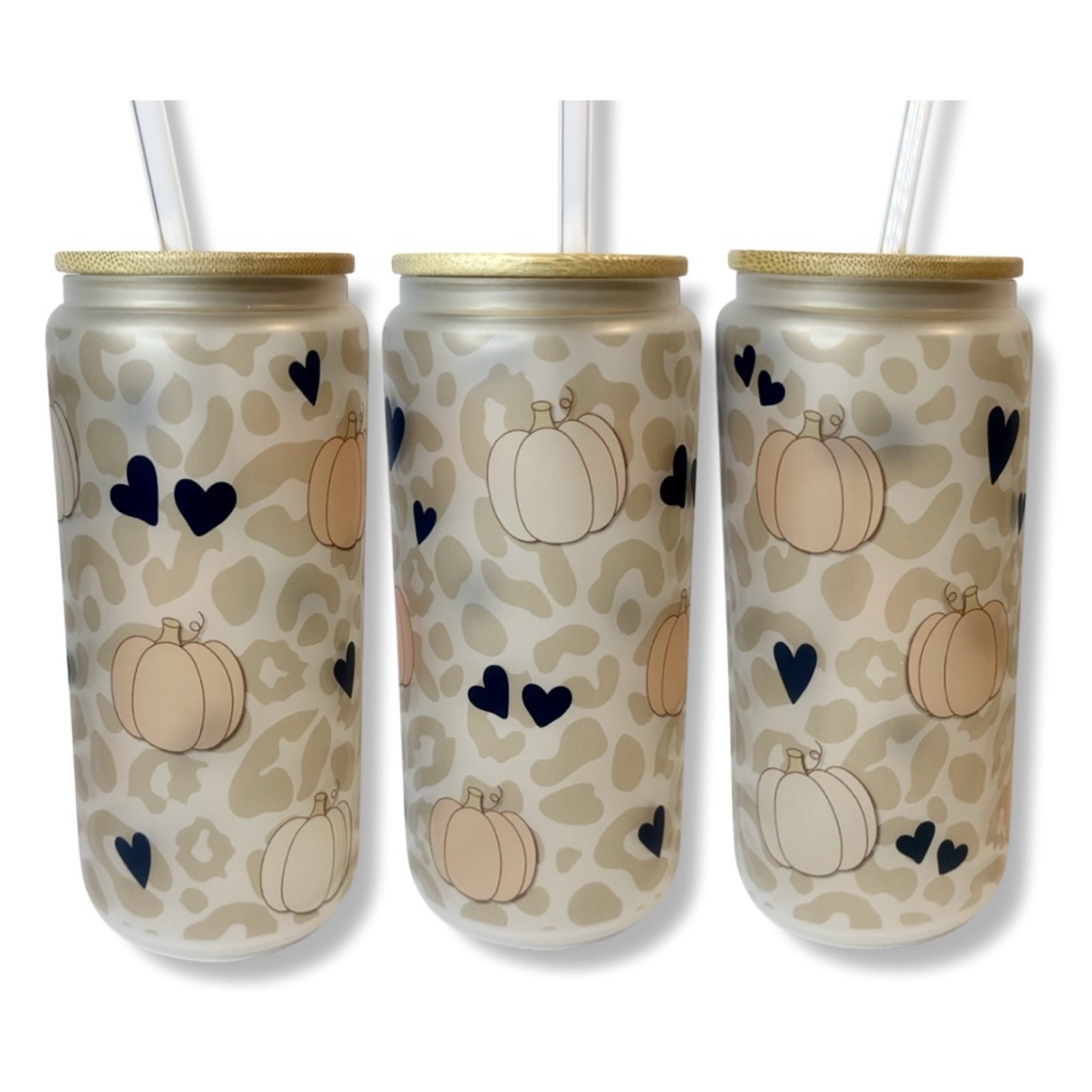 Neutral Pumpkin Frosted Glass Can Tumbler | Fall Leopard Print with Black Hearts – 20oz