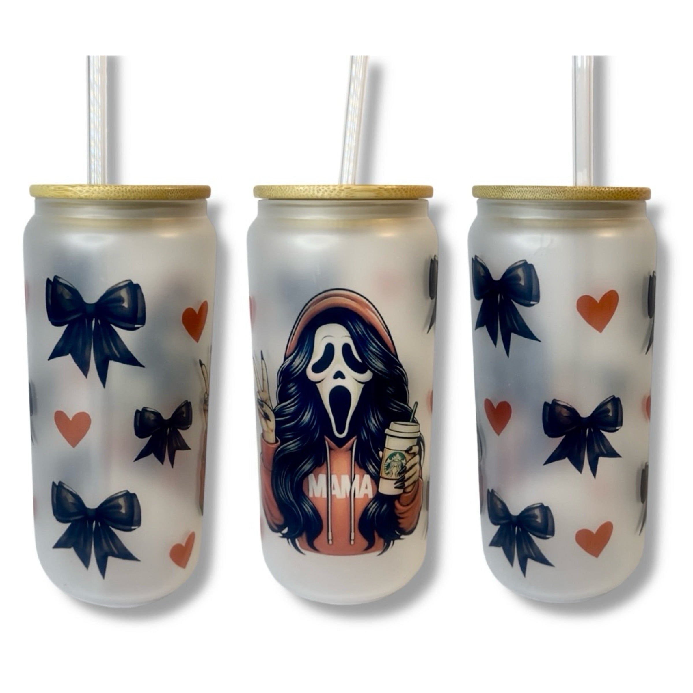 Mama Ghost Frosted Glass Can Tumbler with Straw | Cute Bow & Heart Design – 20oz