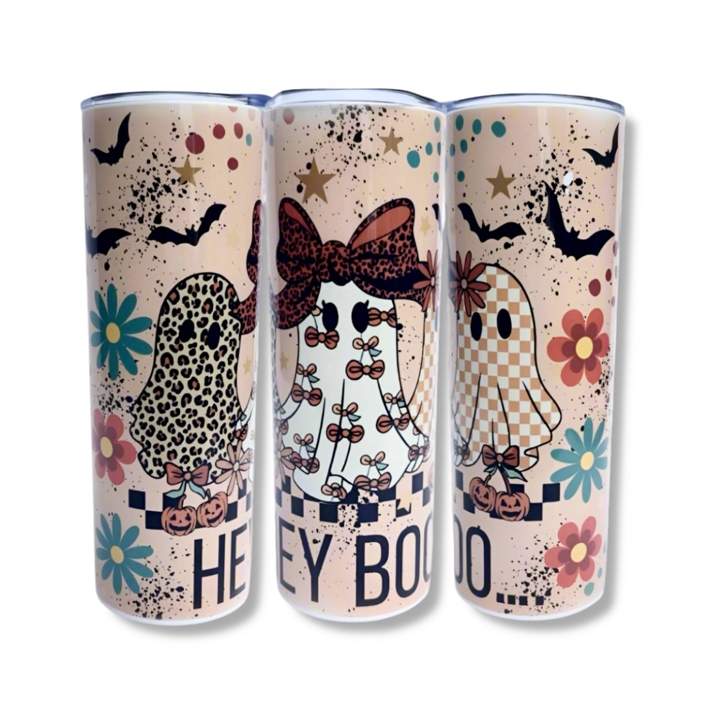 Hey Boo Ghost Tumbler – 20oz Skinny Stainless Steel Cup | Cute Halloween Fall Drinkware